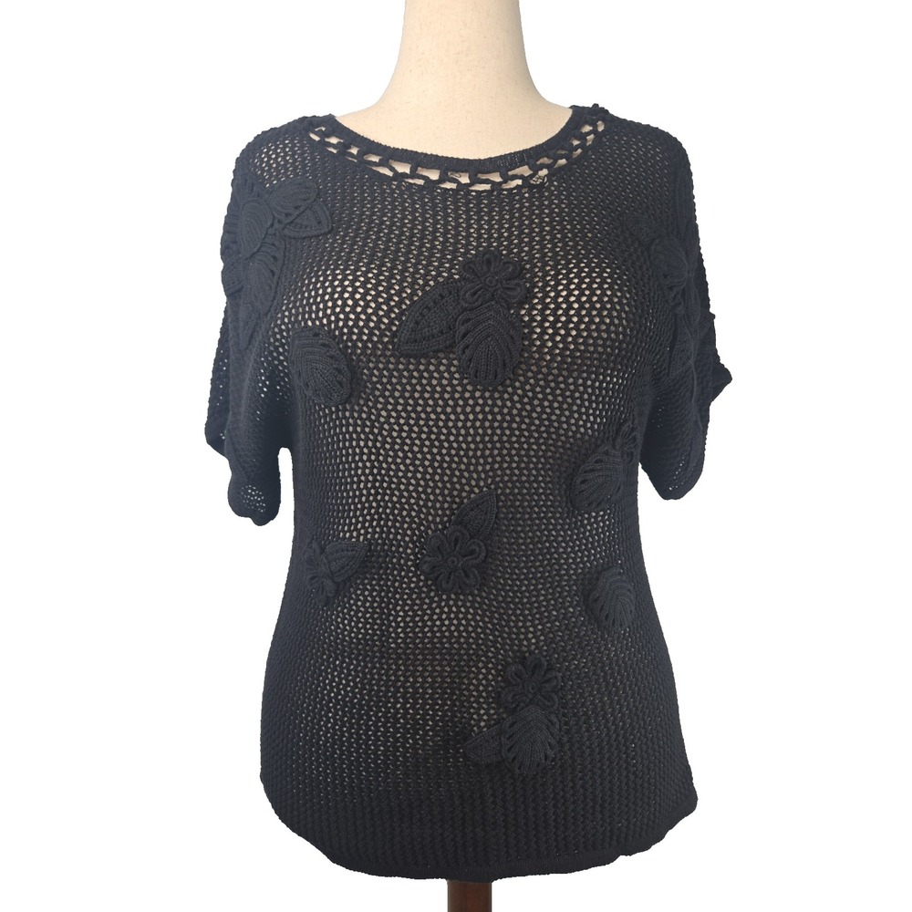 Chico's Size 2 Large L Black Open Knit Short Sleeve Sweater Top